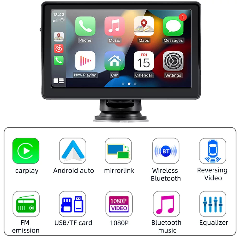 2023 Latest Portable Car Radio featuring Apple CarPlay and Android Auto, 7" IPS Touchscreen Wireless Car Stereo with Bluetooth Hands-Free, Mirror Link, and Siri Assistant, Windshield Mounted