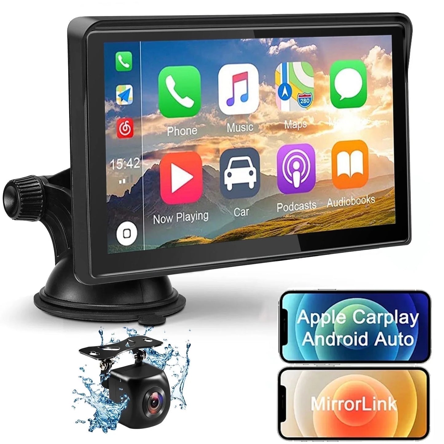 7-Inch Touchscreen Wireless Car Stereo with Apple CarPlay, Android Auto, Rear Camera, and GPS Navigation
