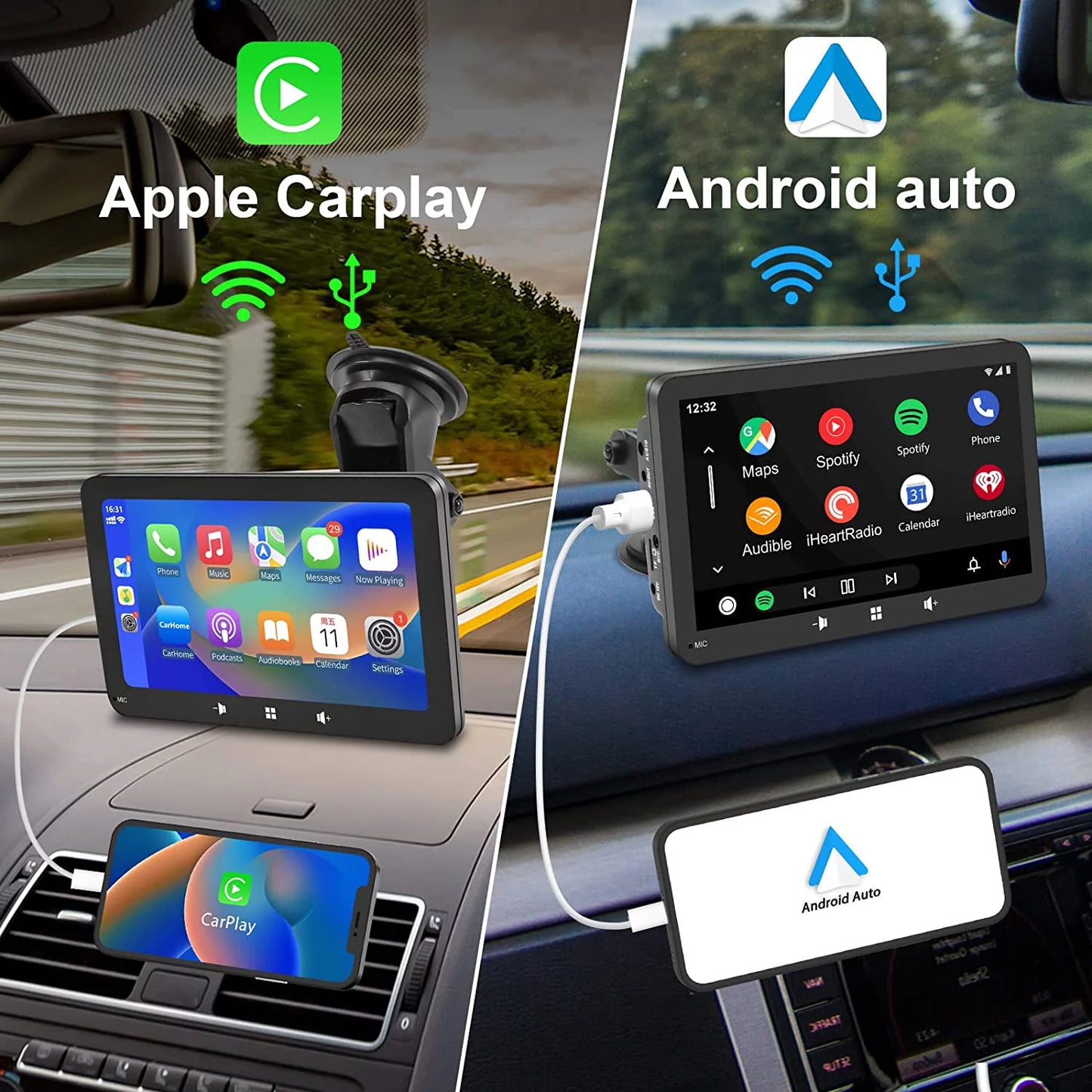 2023 Latest Portable Car Radio featuring Apple CarPlay and Android Auto, 7" IPS Touchscreen Wireless Car Stereo with Bluetooth Hands-Free, Mirror Link, and Siri Assistant, Windshield Mounted
