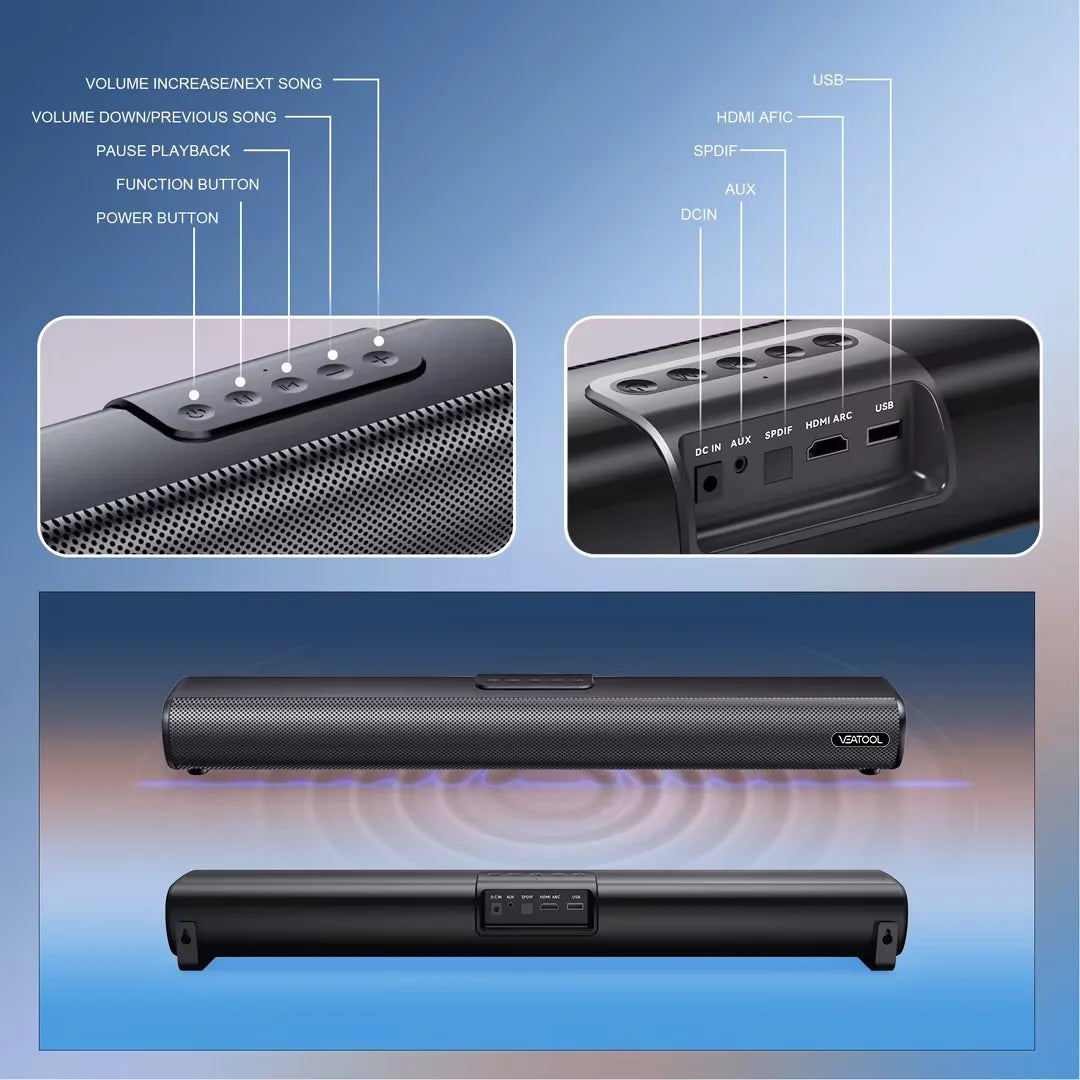 S20L 2.1 Channel Sound Bar with Built-In Subwoofer, 3D Surround Sound System for TV, 50W Home Theater Audio, HDMI ARC, Bluetooth, Optical, RCA, USB & AUX, Wall Mountable